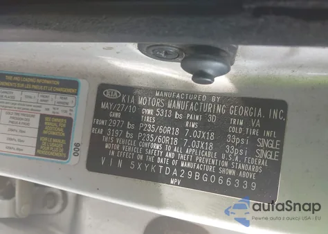 2011 Kia Sorento Lx V6 из США, поврежденный, VIN 5XYKTDA29BG066339